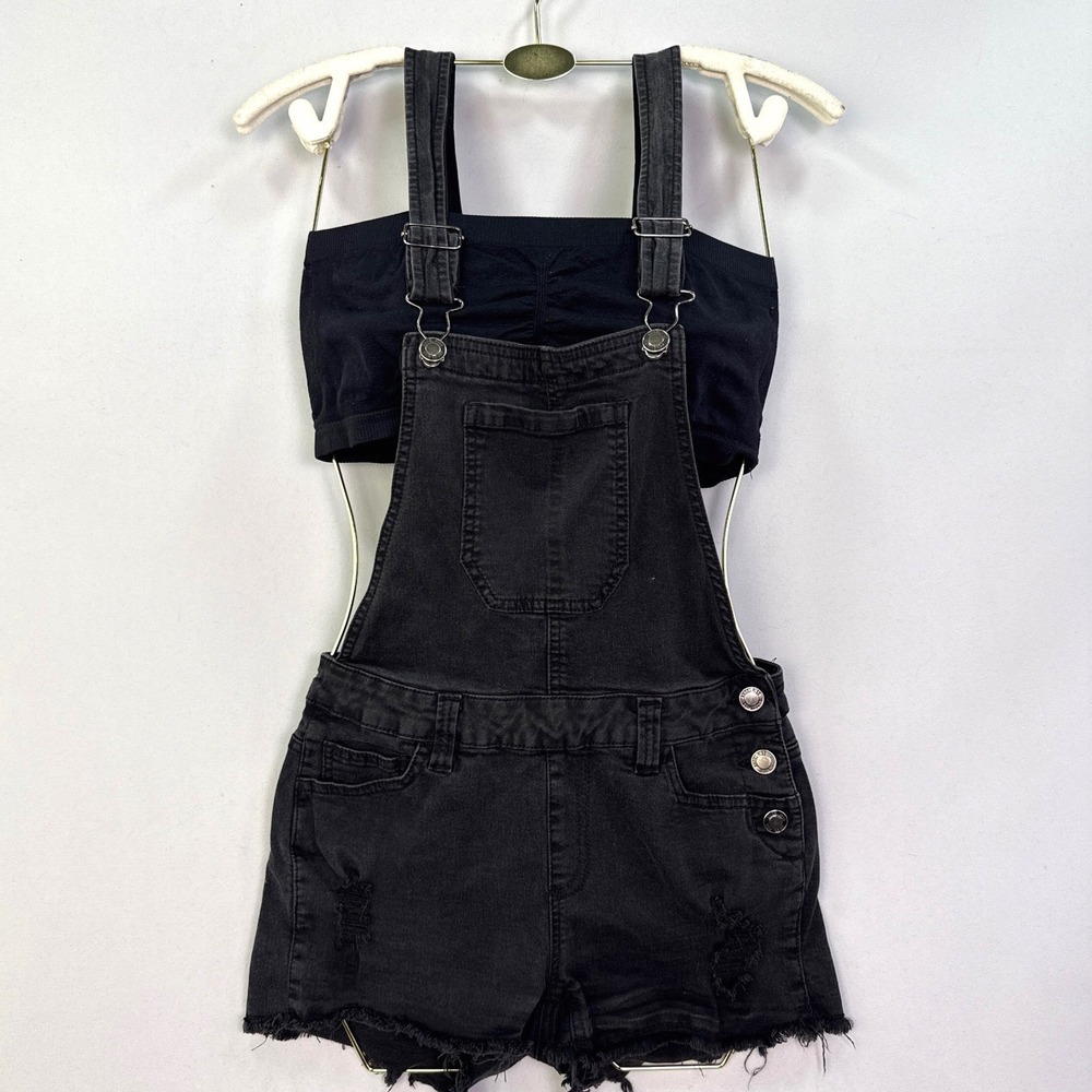 Angel Kiss Black Distressed Denim Overall Shorts Womens Size 1/25 50275-DM405